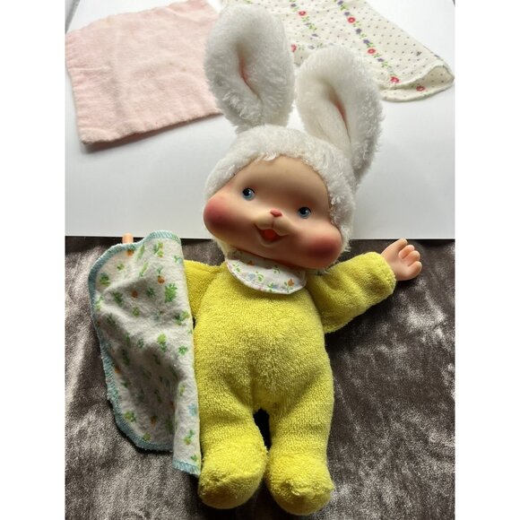 Vintage 80s Mattel Emotions Bunny Yellow Rabbit Plush Rubber  Vintage Amtoy DOLL Yellow BUNNY RUBBER FACE  Soft Touch Terry Cloth 80\'s SEE ALL